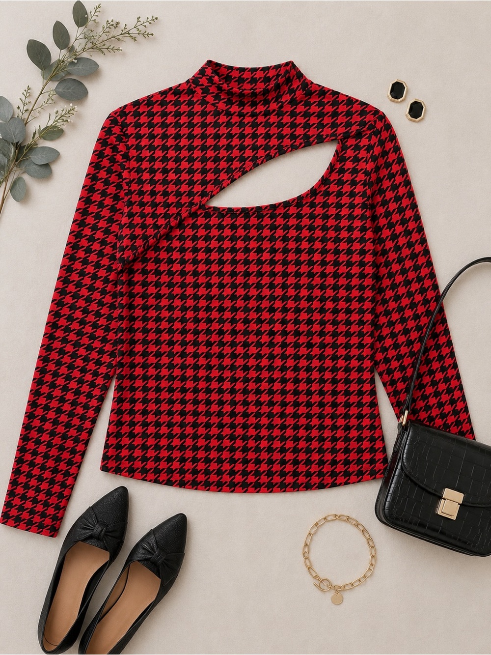 SHEIN Red & Black Houndstooth Cutout Mock Neck Top Size Large
